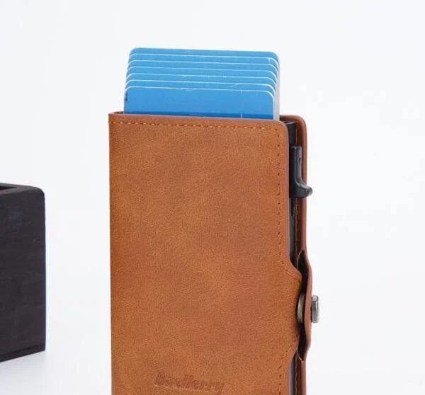 Billetera Porta Tarjetas Metalico Tarjetero Con Bloqueo Rfid Marrón