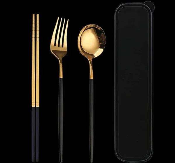 Set de palillos para Sushi, tenedor y cuchara de acero inoxidable con estuche portátil