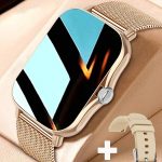 Reloj de acero inoxidable con tira deportivo monitoreo de frecuencia cardíaca con seguimiento del sueño multifunción cuadrado esfera Reloj inteligente & 1 pieza compatible con iPhone Dorado