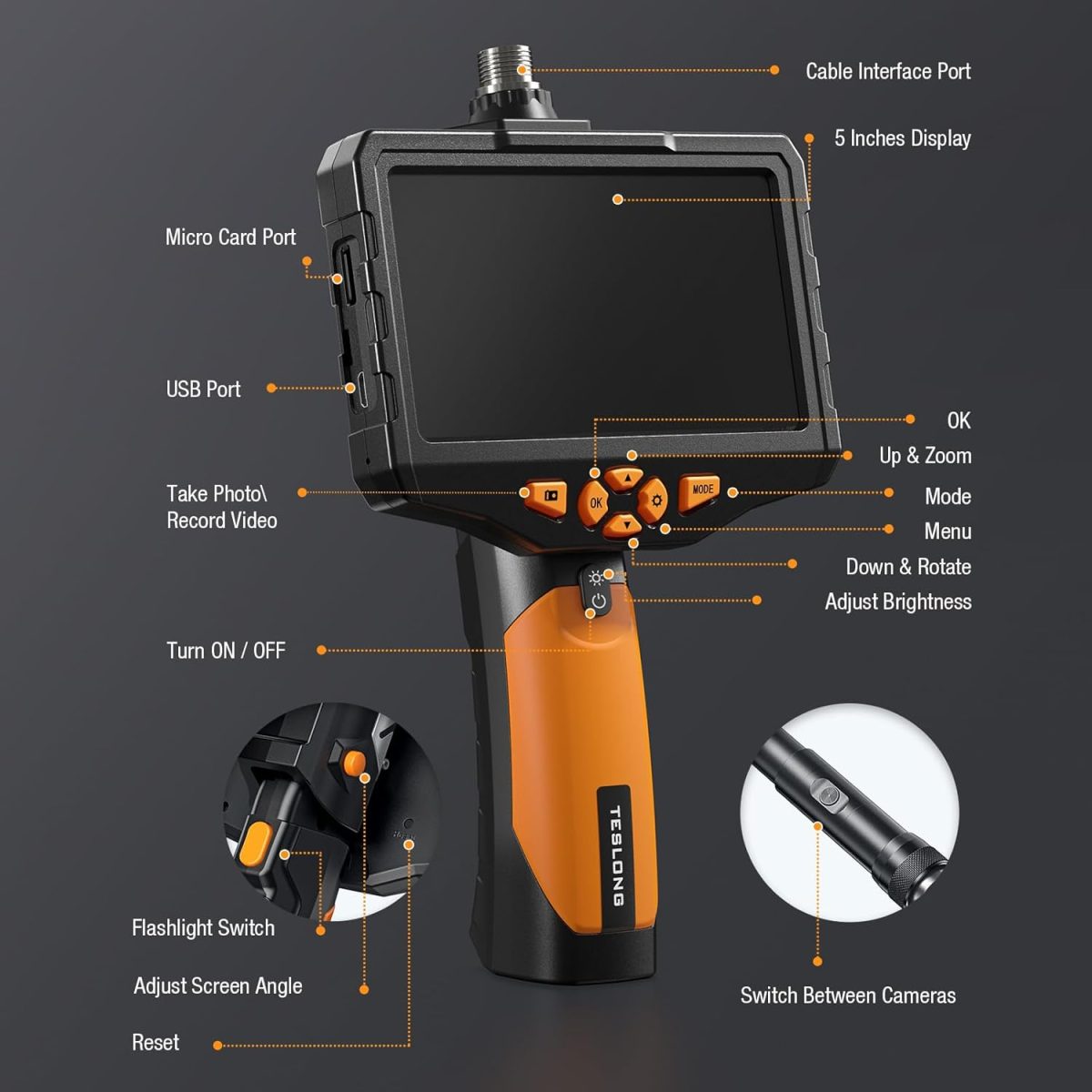 Teslong NTS300 Cámara de Inspección Endoscopio Doble Lente – Pantalla IPS 5", Cable 5m, Grabación HD - Imagen 3